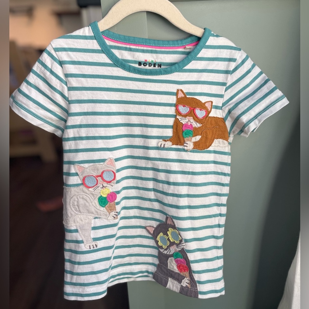 EUC Mini Boden Cat Kitty Ice Cream Applique Shirt